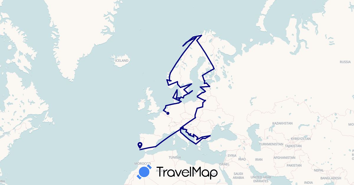 TravelMap itinerary: driving in Belgium, Bulgaria, Germany, Denmark, Estonia, Spain, Finland, Greece, Croatia, Italy, Lithuania, Latvia, Montenegro, Macedonia, Netherlands, Norway, Poland, Portugal, Sweden, Slovakia, San Marino (Europe)